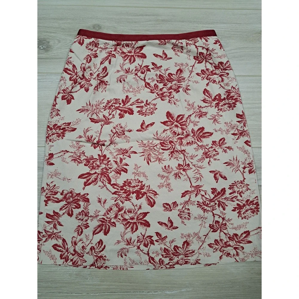 Eddie Bauer Red Cream Toile Floral Butterfly Cotton A-Line Midi Skirt Size 4 Y2K
